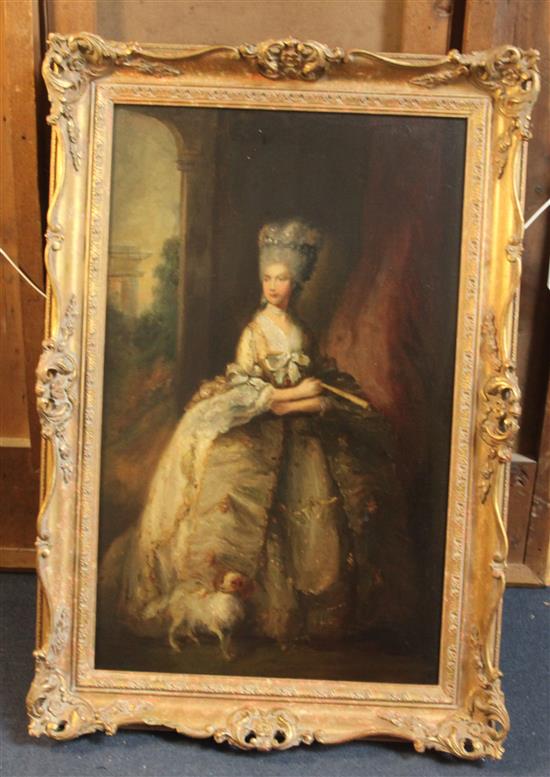 After Thomas Gainsborough (1727-1788) Portrait of Queen Charlotte with her spaniel 23.5 x 15in.